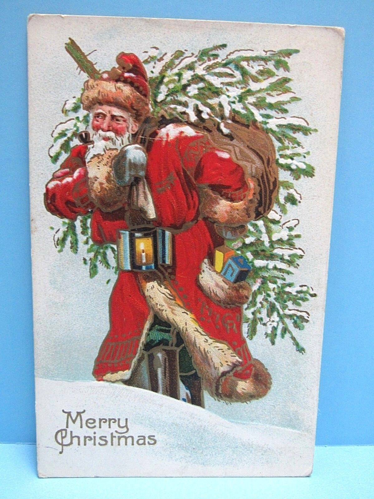 VTG 1913 EMBOSSED W/GOLD LEAF TRIM PC - FATHER CHRISTMAS W/TOYS & TREE EX COND