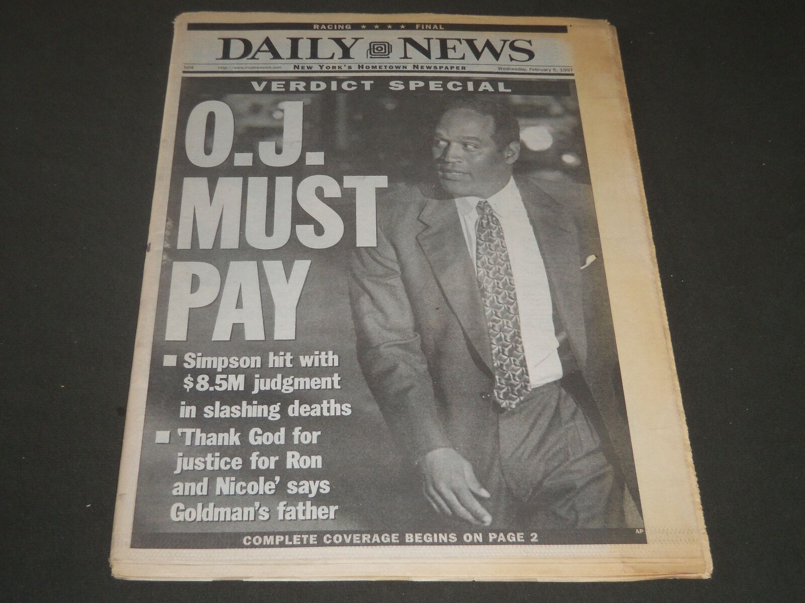 1997 FEBRUARY 5 NY DAILY NEWS NEWSPAPER - O. J. MUST PAY - JETS - NP 2536