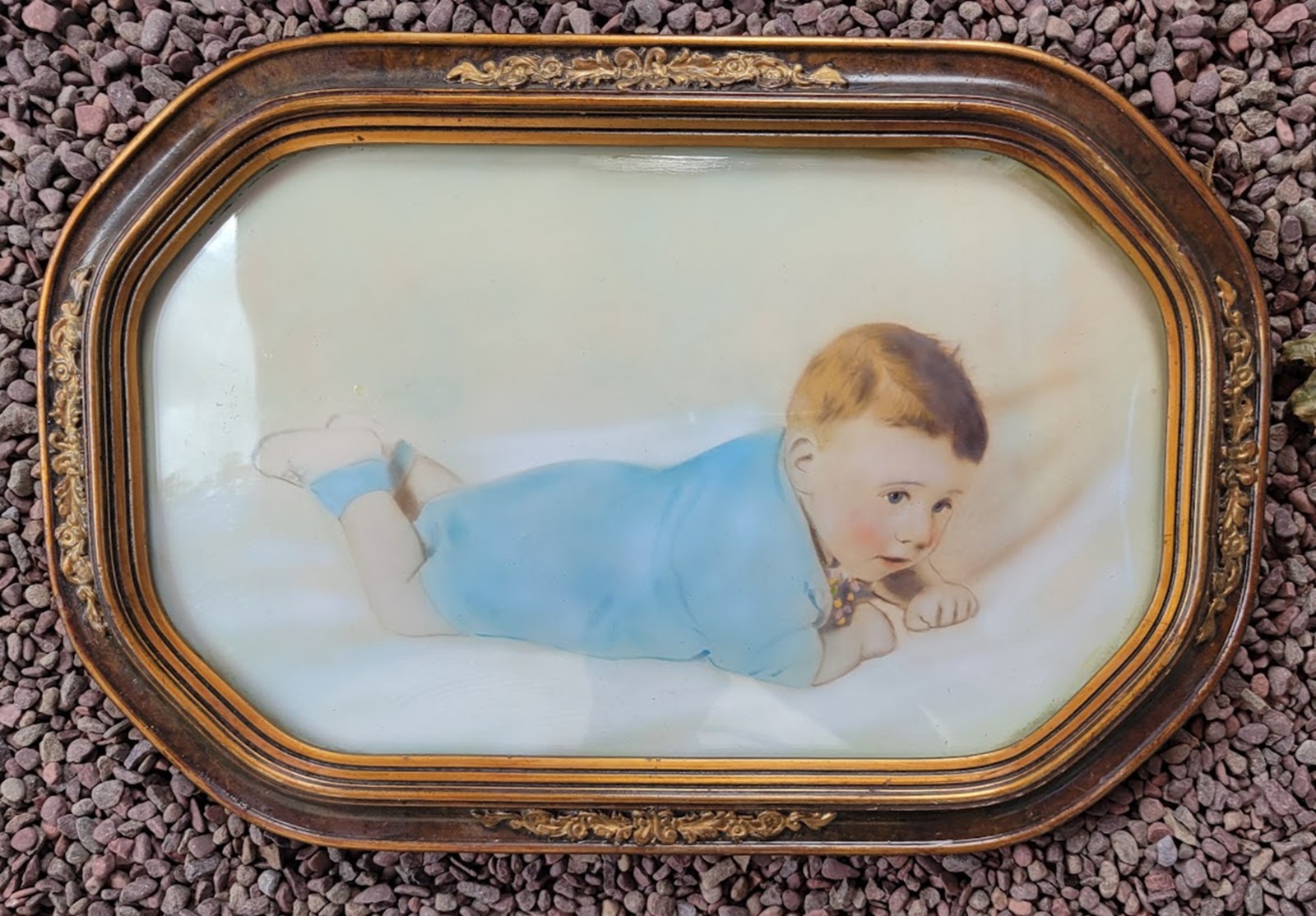 Antique Hand Tinted Photograph Infant Baby in Ornate Rounded Rectangular Frame