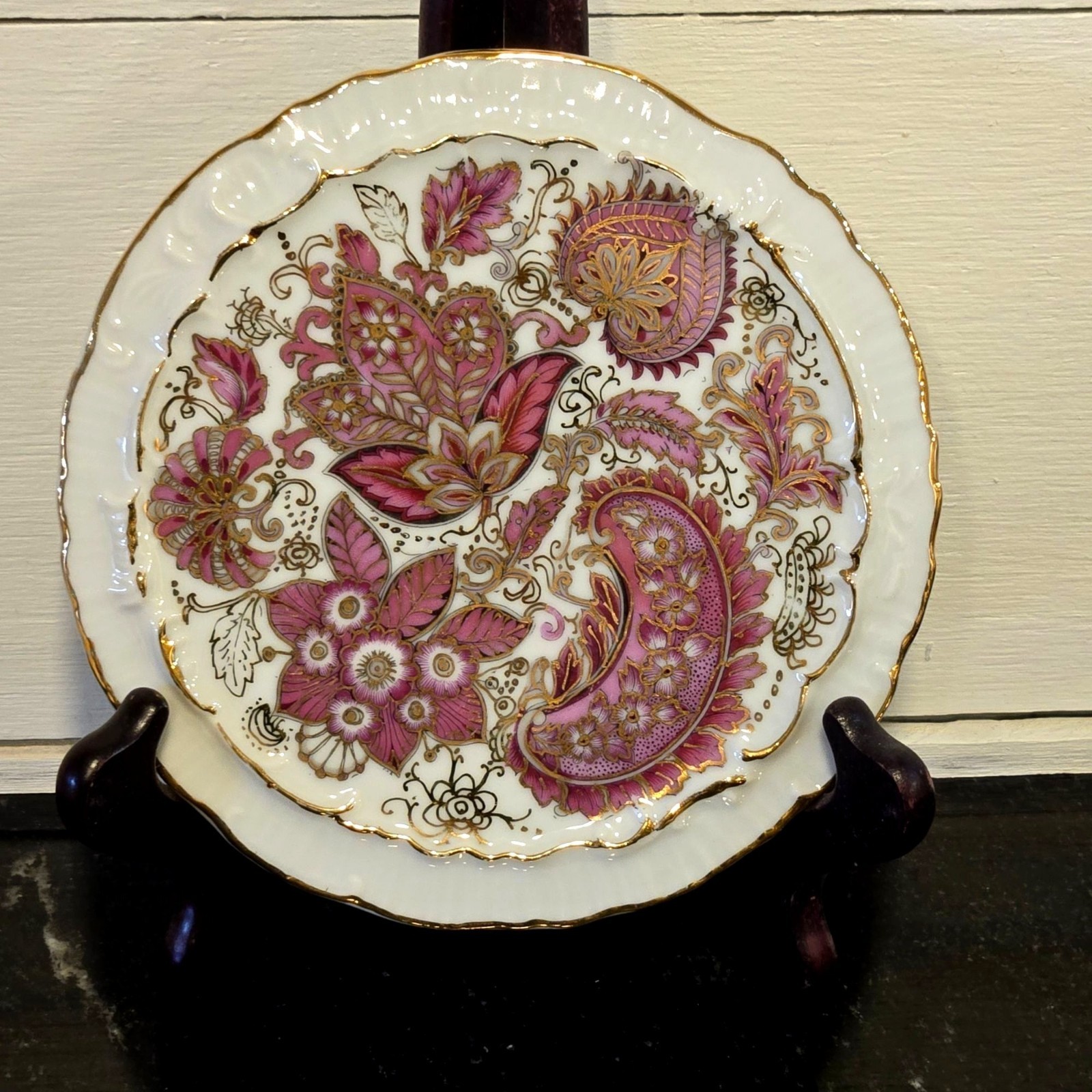 Vintage Floral Gilt Porcelain vanity tray Pink Gold Paisley Chintz Style trivet