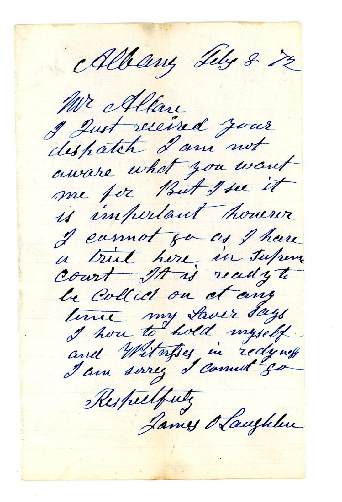 1872 Handwritten Letter James O Laughlin Albany New York NY Has Court Trial