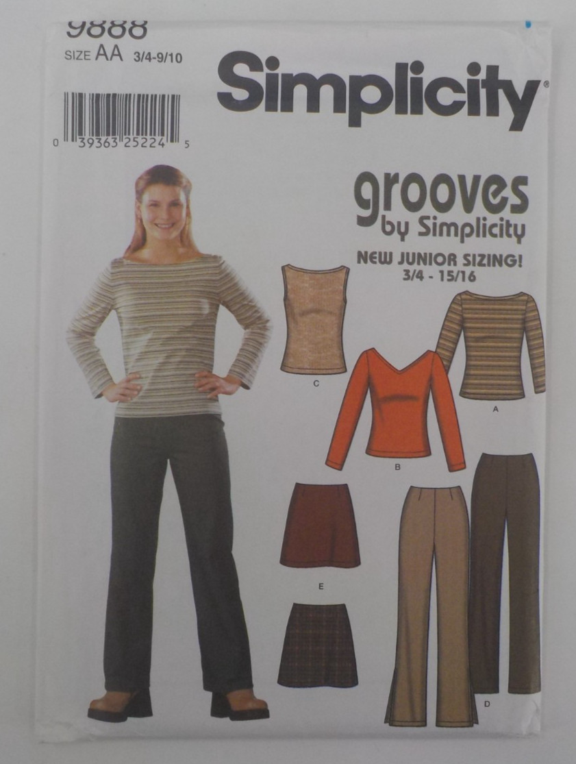 SIMPLICITY PATTERN #9888 JRS WARDROBE 3/4-9/10 TOPS PANTS SKIRT UNCUT PRINT 2001