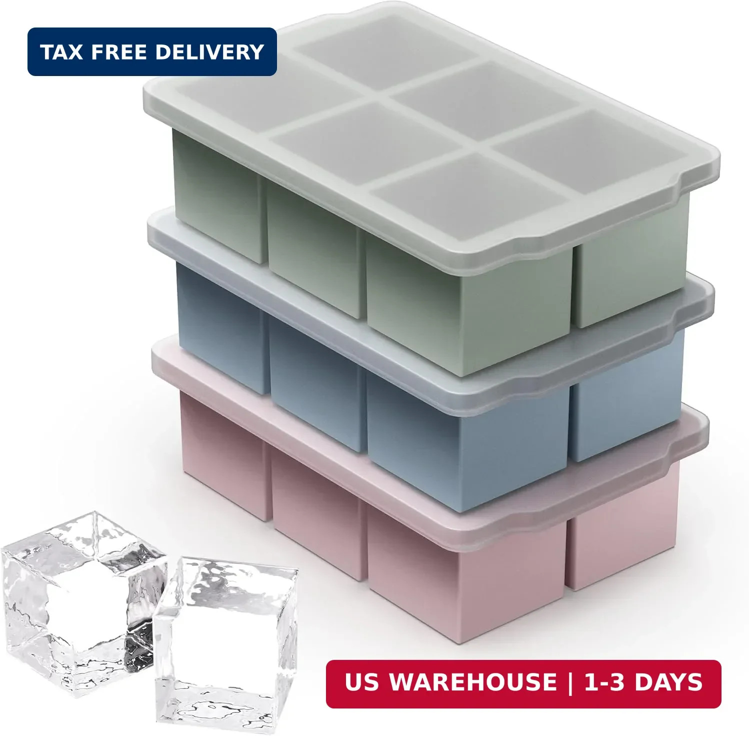 3 Packs Large Ice Cube Molds with Stackable Lid,Silicone Ice Cube Tray for Freez