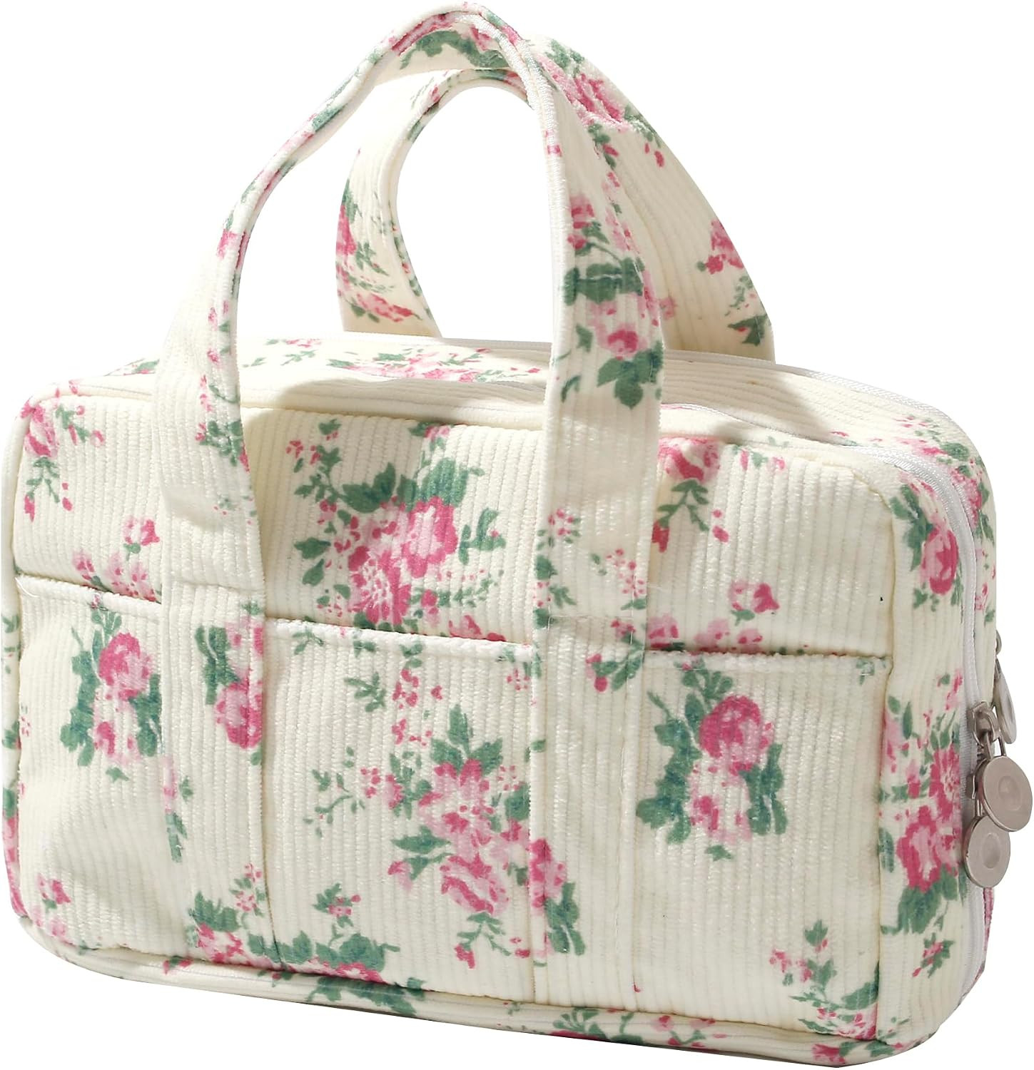 Pink Flower Large Corduroy Pencil Case 5 Compartment Pouch Bag Zipper