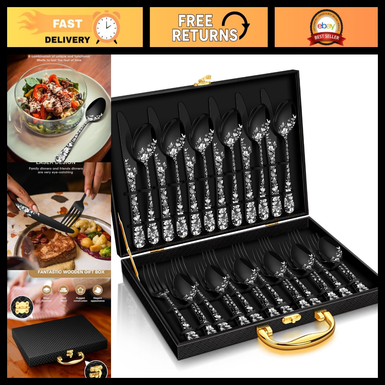Stapava 30 Pcs Black Silverware Set with Gift Box, Stainless Steel Flatware Set