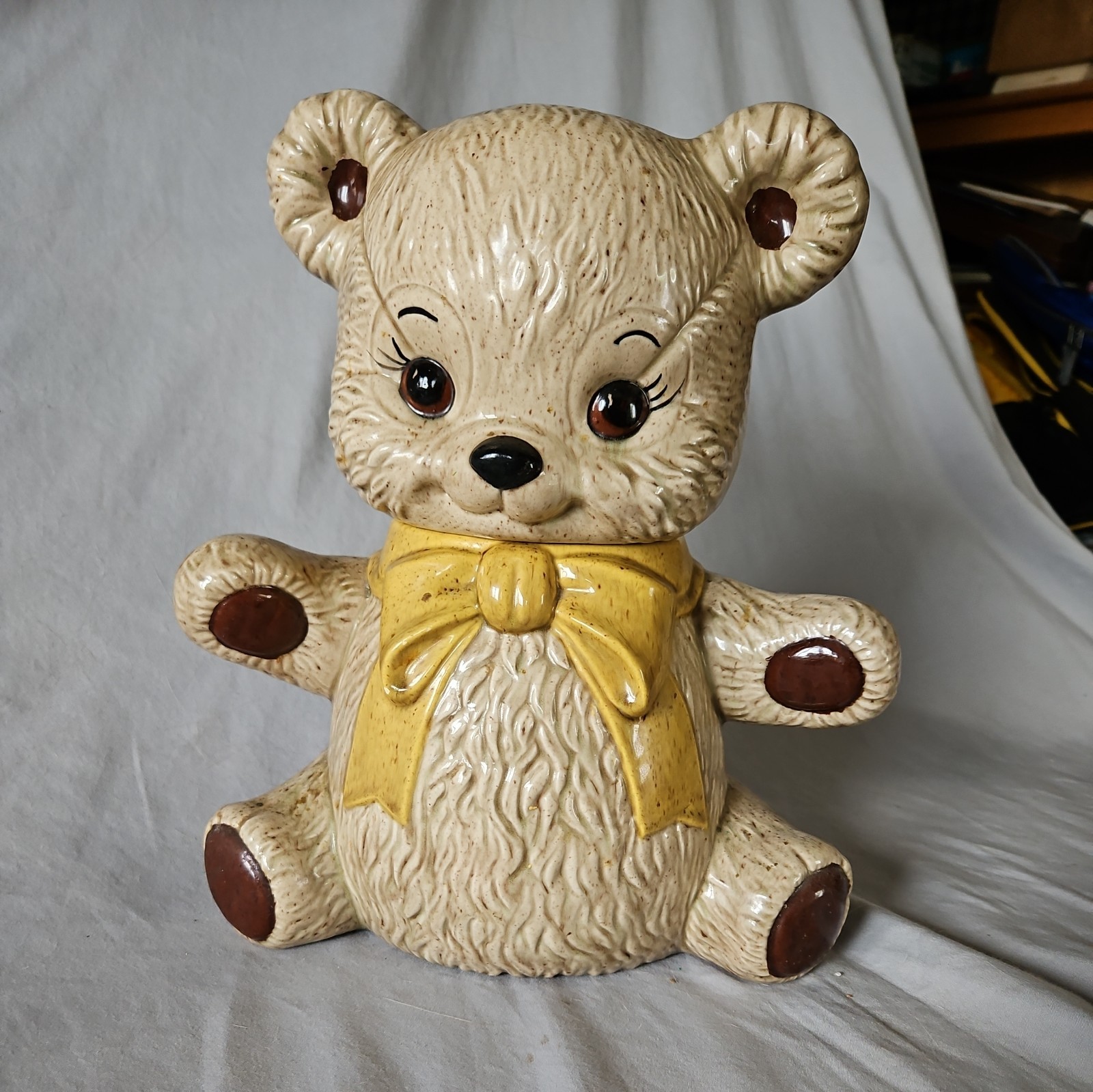 Vintage Albertas Molds Brown Teddy Bear Yellow Bow Cookie Jar 11.75Hx 10\