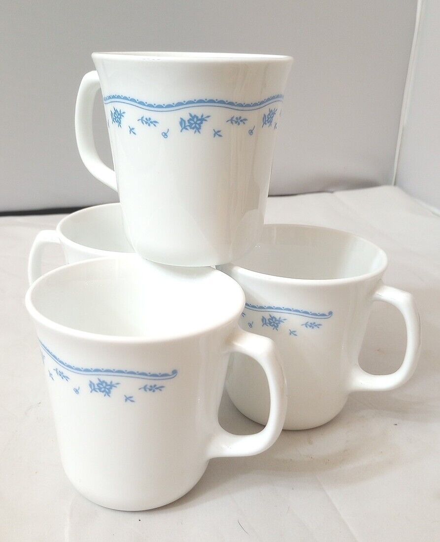 Lot Of 4 Vintage Corning Blue Morning D Handle Set Of Four Coffee Mugs GUC