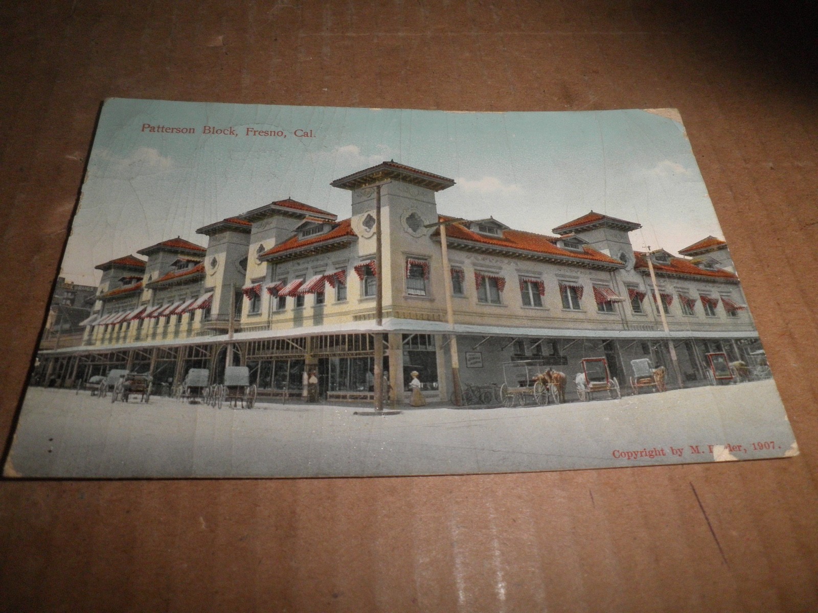 Neat Old original Patterson Block, Fresno, California Postcard 1914