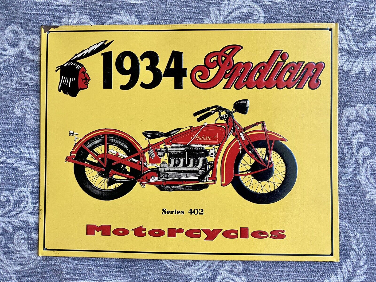 RARE 1934 INDIAN MOTORCYCLES SERIES 402 TIN TACKER PAINTED METAL SIGN MOTOR BIKE