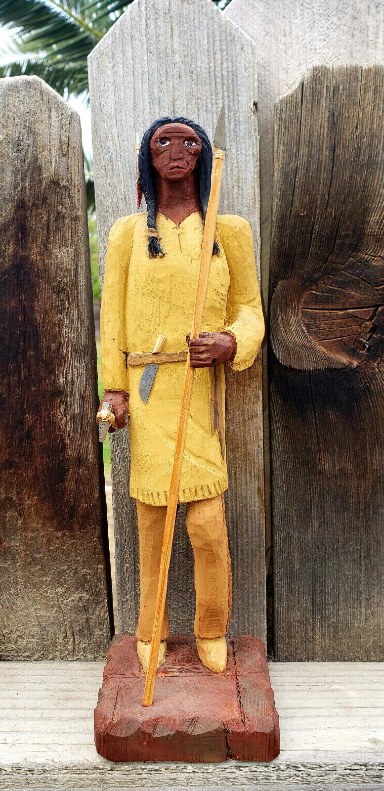 VINTAGE FOLK ART WOODEN INDIAN FIGURINE CARVED by JD JACKSON 1990 OKLAHOMA USA