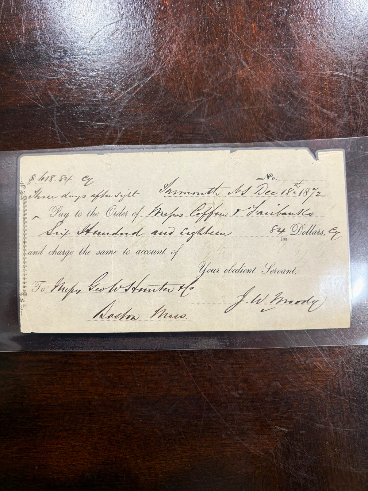 1872 Handwritten Check/Draft Payable to Joseph Hathaway Signed J.W. Morrill