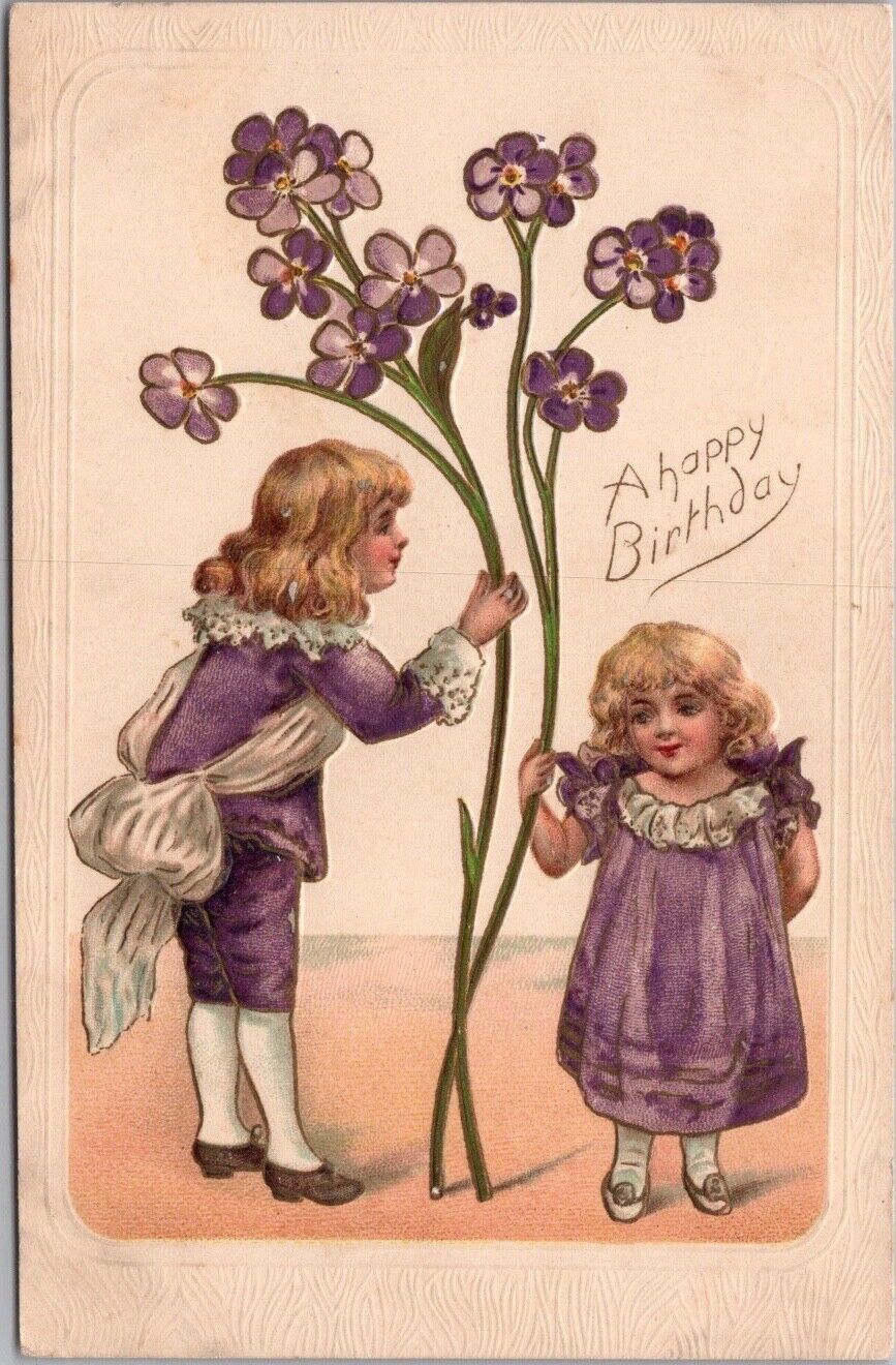 Vintage 1910s HAPPY BIRTHDAY Embossed Postcard Boy & Girl / Big Violet Flowers