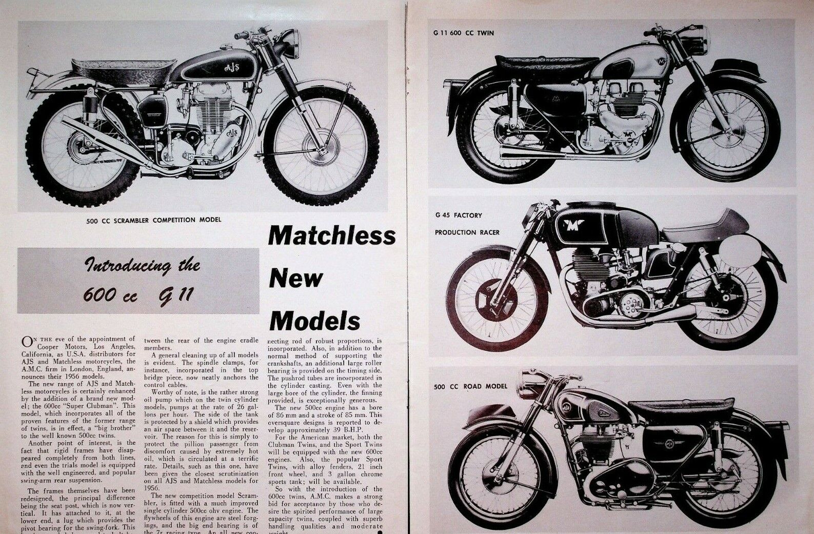 1955 Matchless Models G11 600cc Twin & More - 2-Page Vintage Motorcycle Article