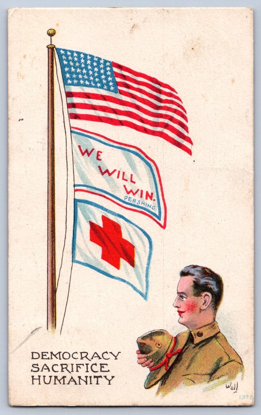 Patriotic Postcard c1910 WWI We Will Win Pershing Red Cross Soldier Wall Art