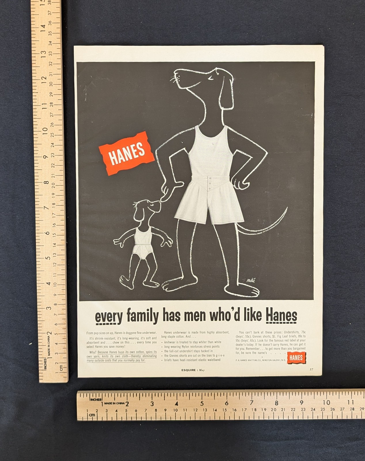 Vintage 1955 Hanes Men\'s Underwear B&W Print Ad Full Page 1950s Original Fashion