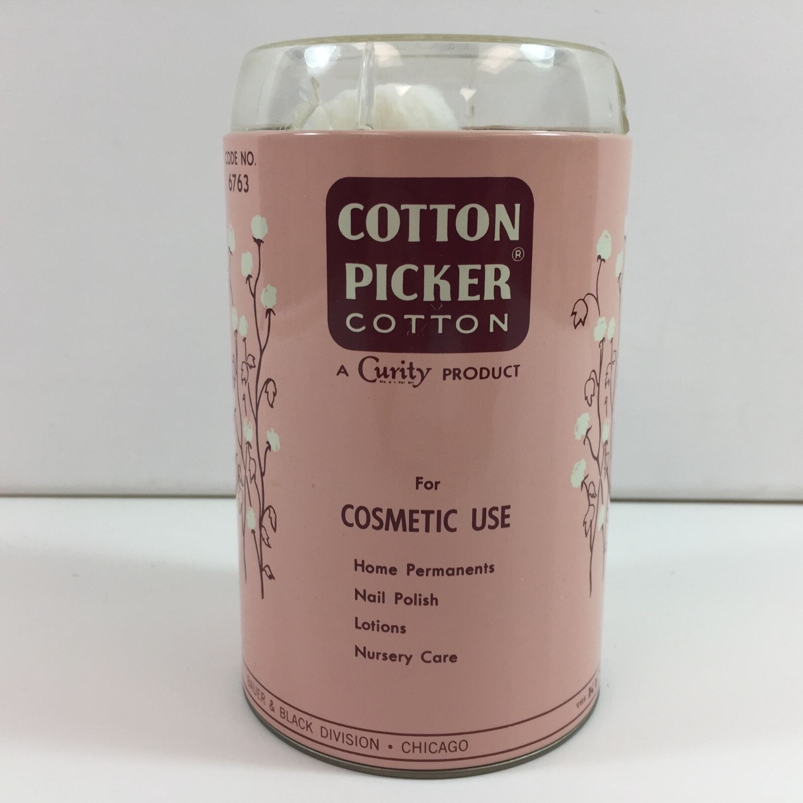 Vintage 1950s Curity Cotton Picker 6763 Tin Dispenser Home Cosmetic Use Pink 5\