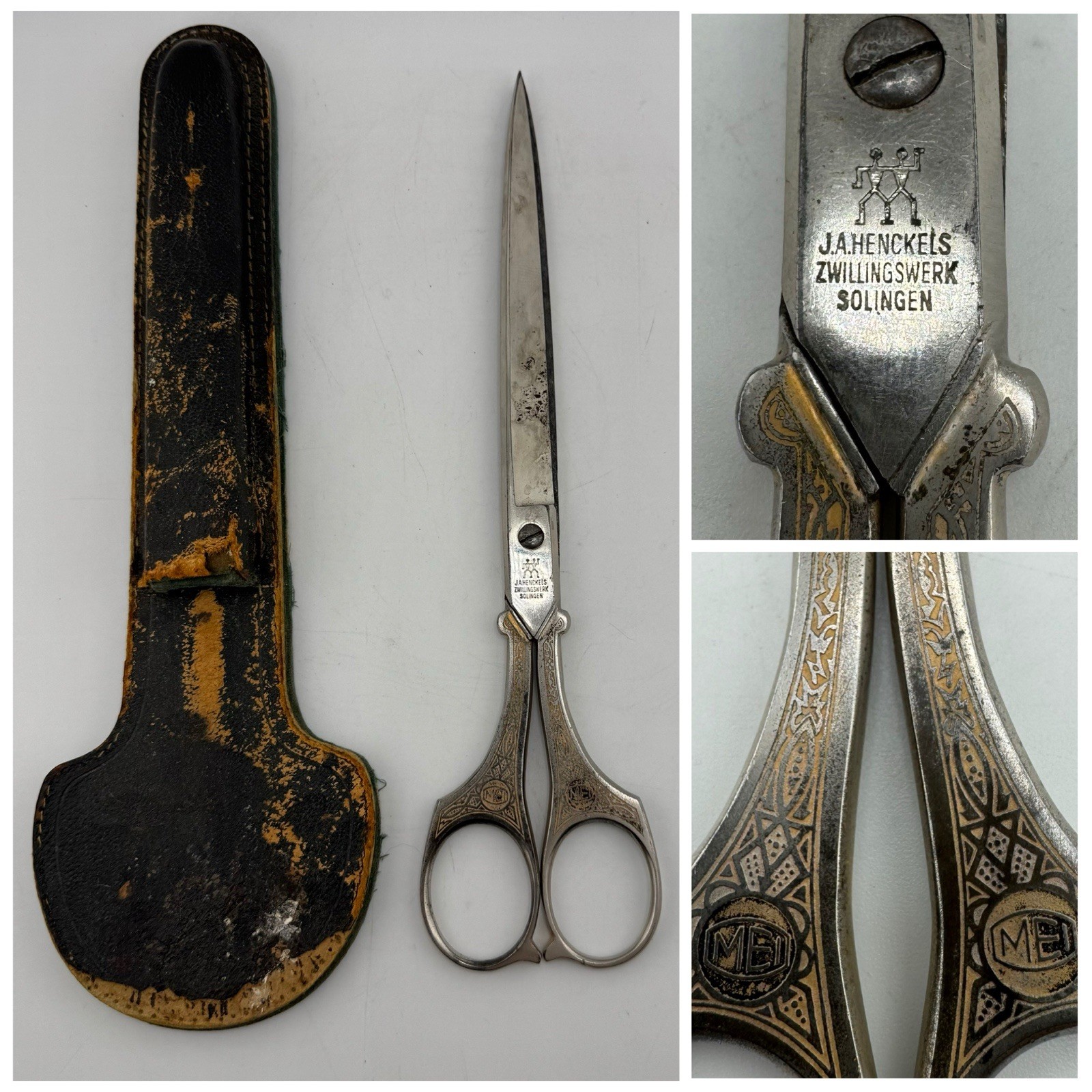 VTG 30s-50s J.A. Henckels Zwillingwerk Solingen Ornate Scissors Leather Sheath