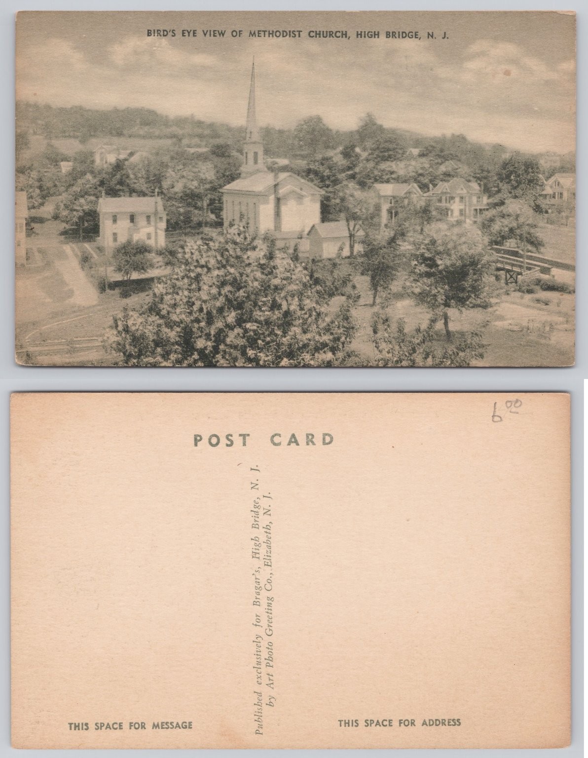 High Bridge NJ Methodist Church Bird\'s Eye View New Jersey Postcard
