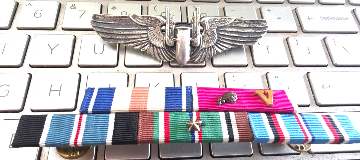 RARE--WW2 STERLING SILVER AIR GUNNER WINGS + RIBBONS REAL THING RARE  -SEE STORE