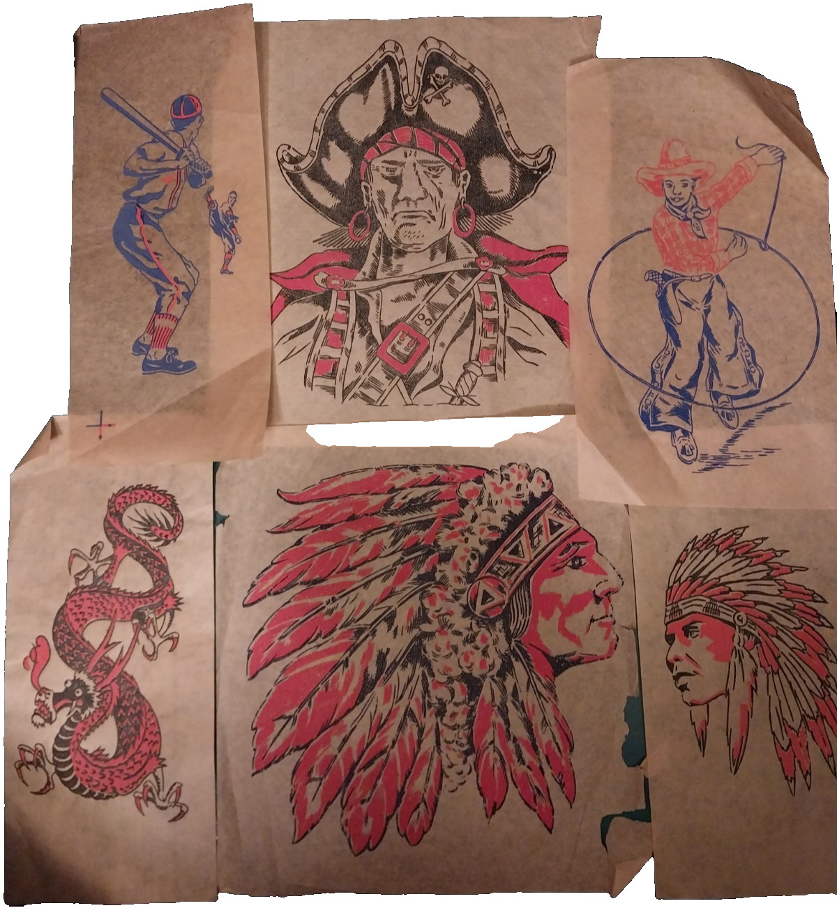 Vtg 1930s 1940s T Shirt Iron On Transfers Lot 6 Antique Tattoo Flash Americana
