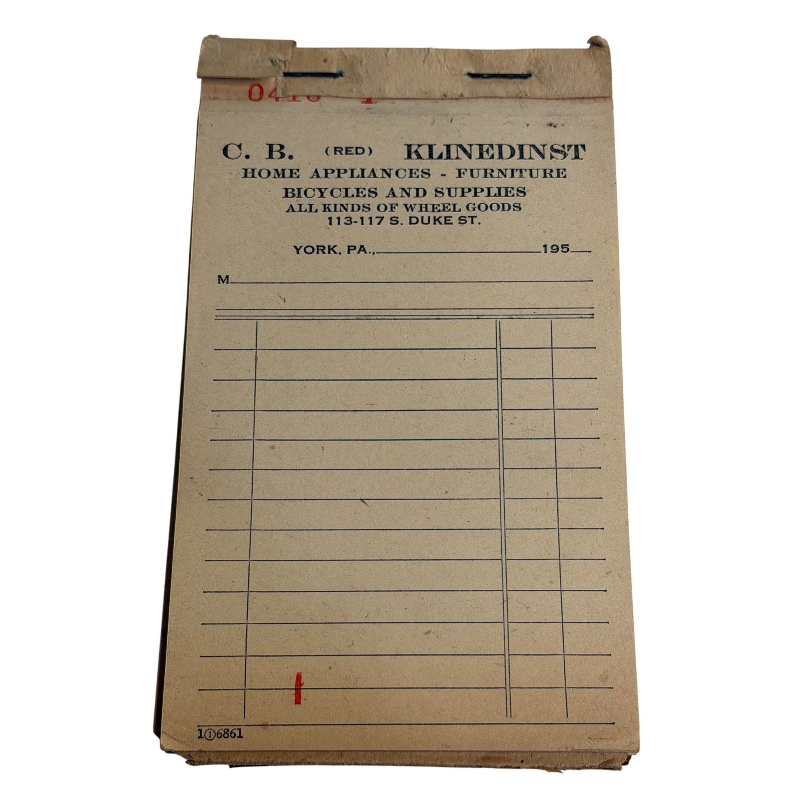 VTG C.B. Klinedinst Receipt Pad Tan York PA Ephemera Home Appliances Bicycles