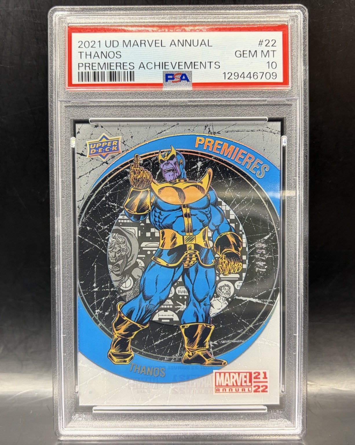 2021-22 Upper Deck Marvel Annual Premieres Achievements #22 THANOS /99 PSA 10