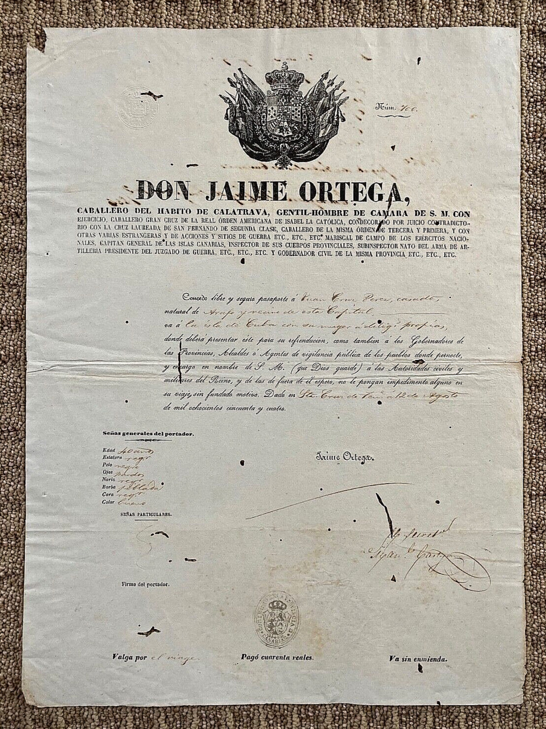 TRAVEL ID by GENERAL JAIME ORTEGA'S OFFICE - CANARY ISLAND  to CUBA SEP 2, 1836