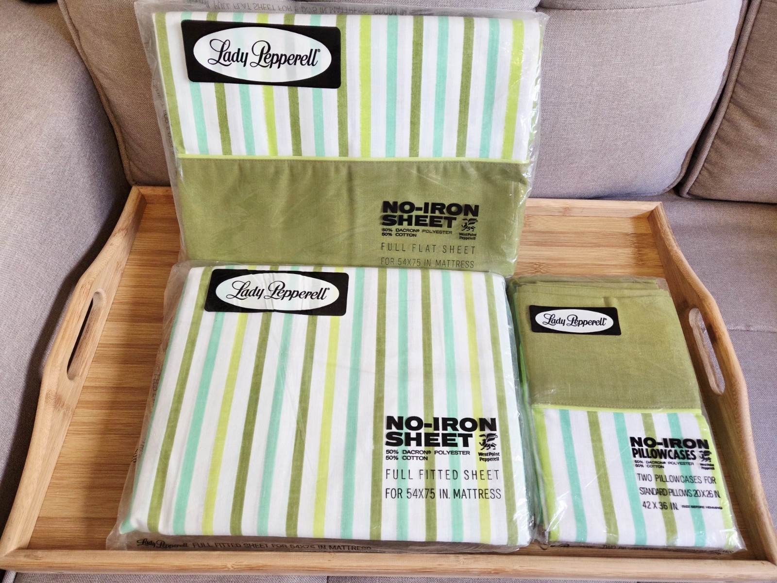 VTG New Lady Pepperell Full Sheet Set Fitted/Flat sheets Two Pillowcases Green
