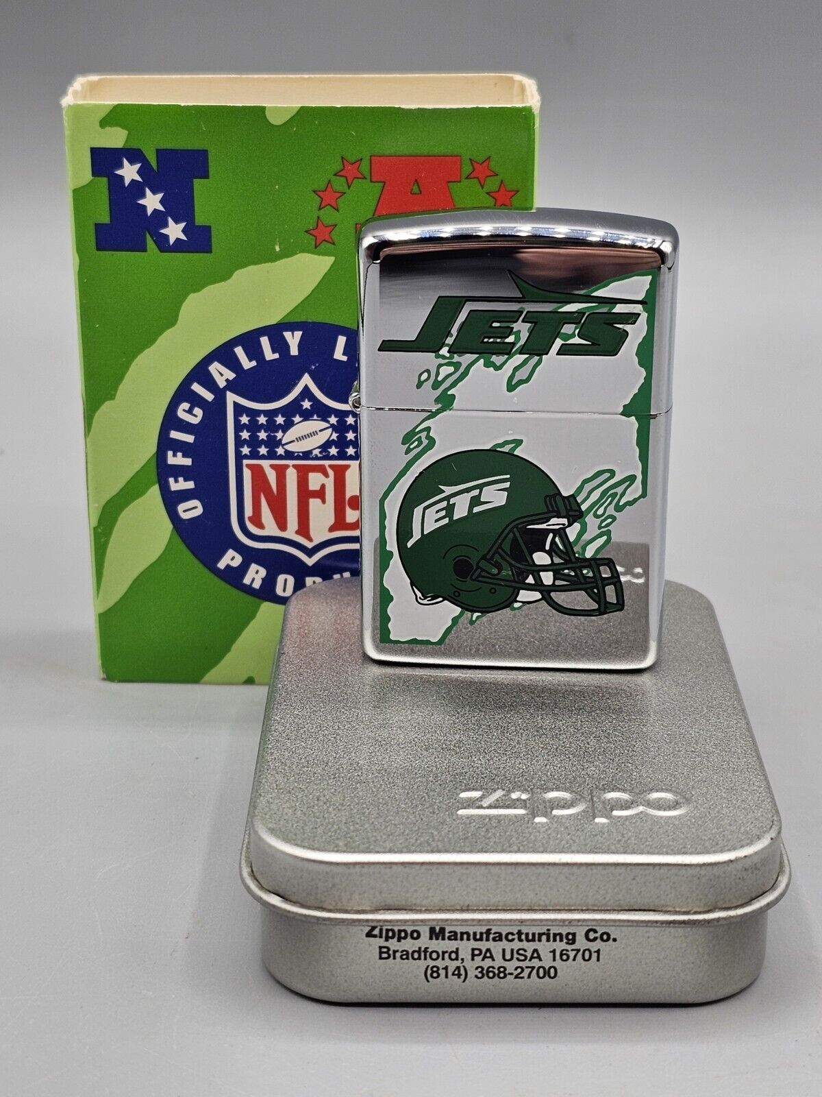 VINTAGE 1997 NFL New York JETS Chrome Zippo Lighter #444 - NEW in PACKAGE 