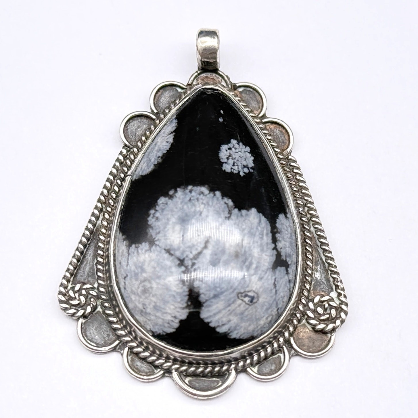 Vintage Navajo Native Snowflake Obsidian Silver Pendant