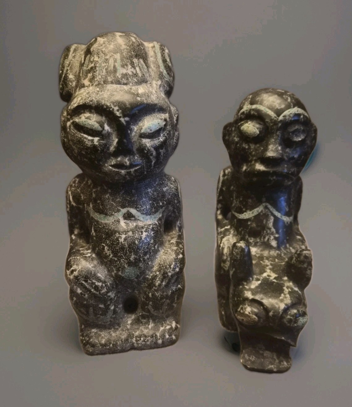Pair of Carved Stone-Like Seated Figures Green Inlay Detail Decorative...