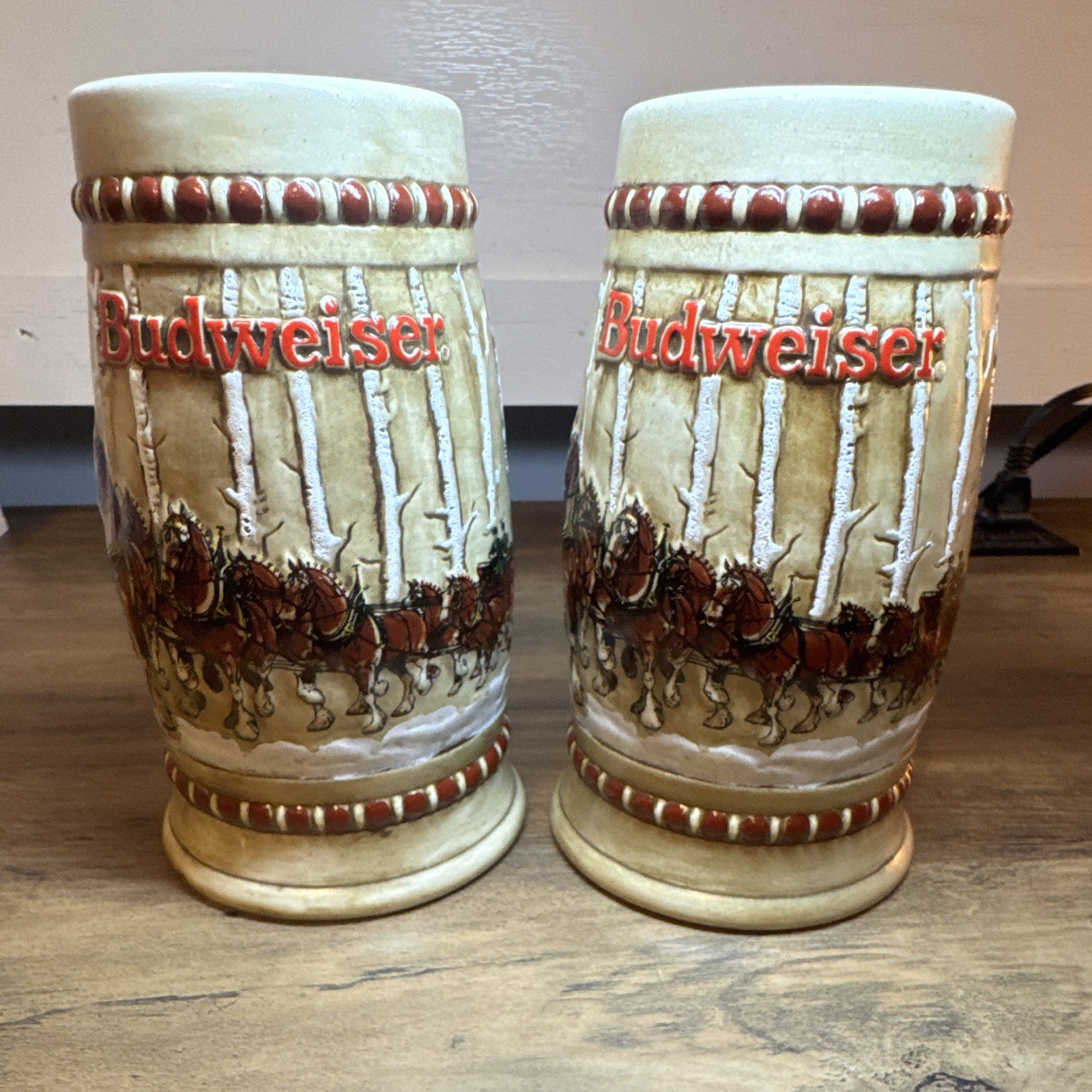 Vintage 1981 Budweiser Holiday Beer Steins CS50 Clydesdales Ceramarte Set of 2