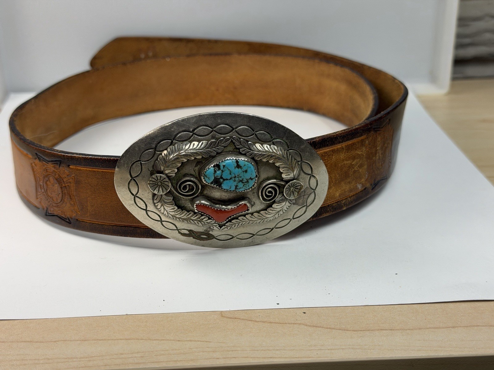 1970s Navajo Joe Yazzie N/S Turquoise Buckle on Tooled VFW Leather Belt Vintage