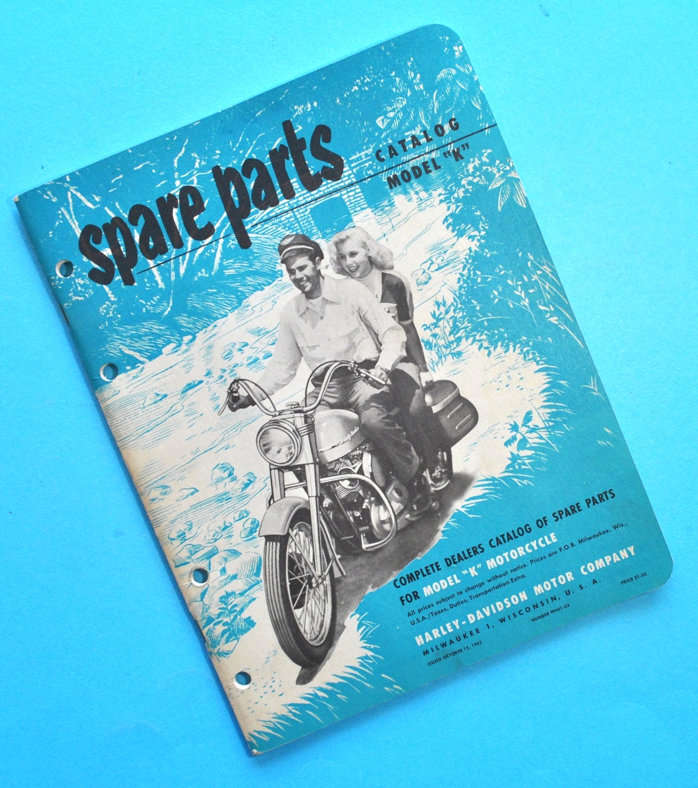 Original Rare 1952-1953 Harley Davidson Spare Parts Catalog Manual Book Model K
