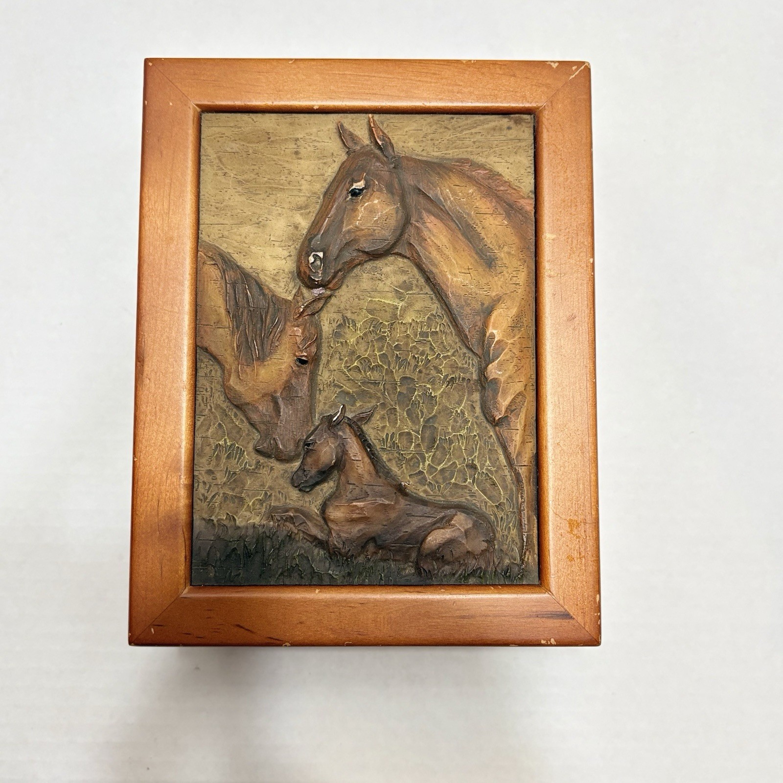 Vintage Hand Carved Wood Horse Trinket Box Relief Mare Foal Keepsake Jewelry