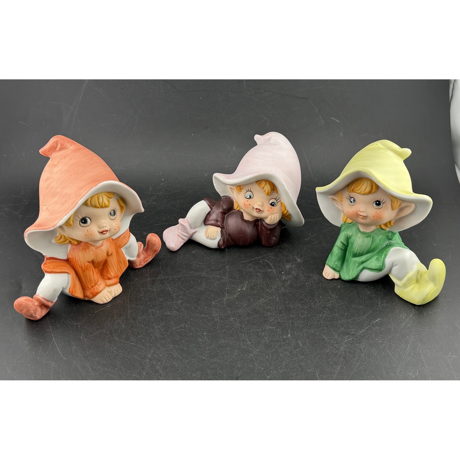 Vintage Homco Ceramic Elf Pixie Figurines-Set of 3 Matte Bisque 5213 Retro Decor