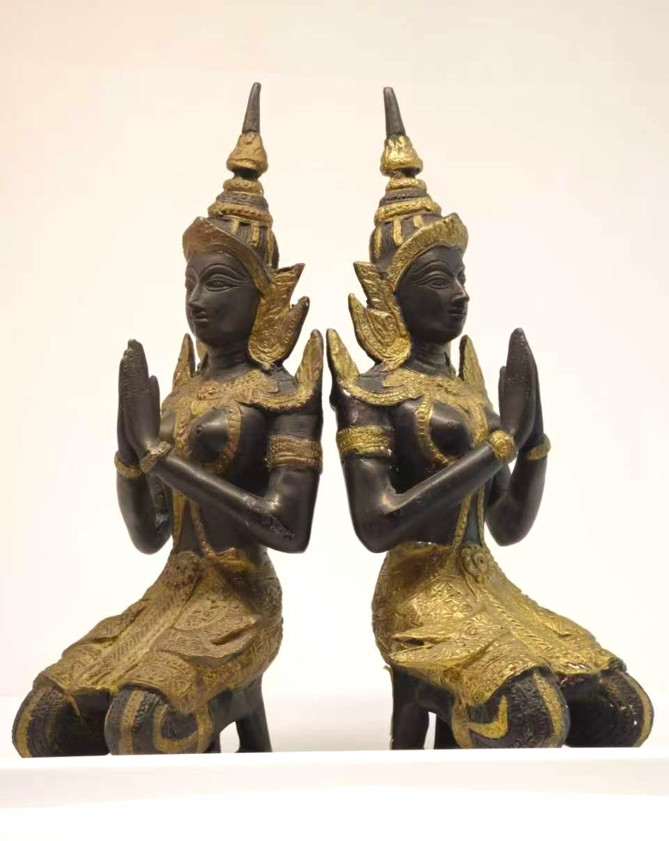 Vintage Thai Teppanom Praying Angel Statues Pair Asian Zen Home Decor 10.5\