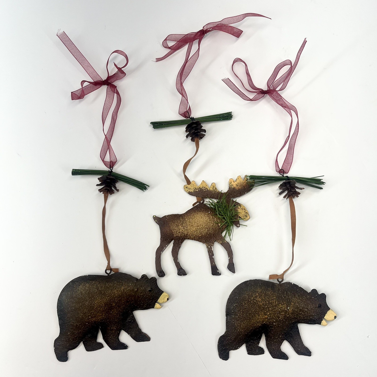 Woodland Christmas Ornament Rustic Metal Moose Bear Animal Ribbon  Lot Of 3