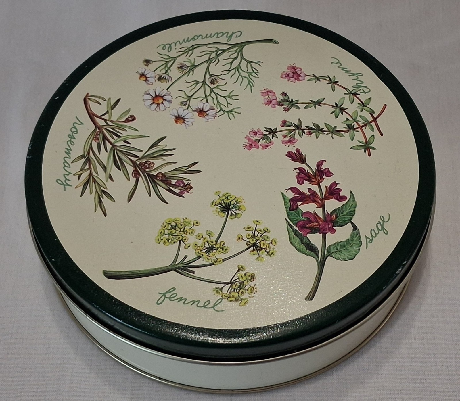 Vintage Herb Botanical Round Tin Rosemary Sage Thyme Kitchen Storage Canister