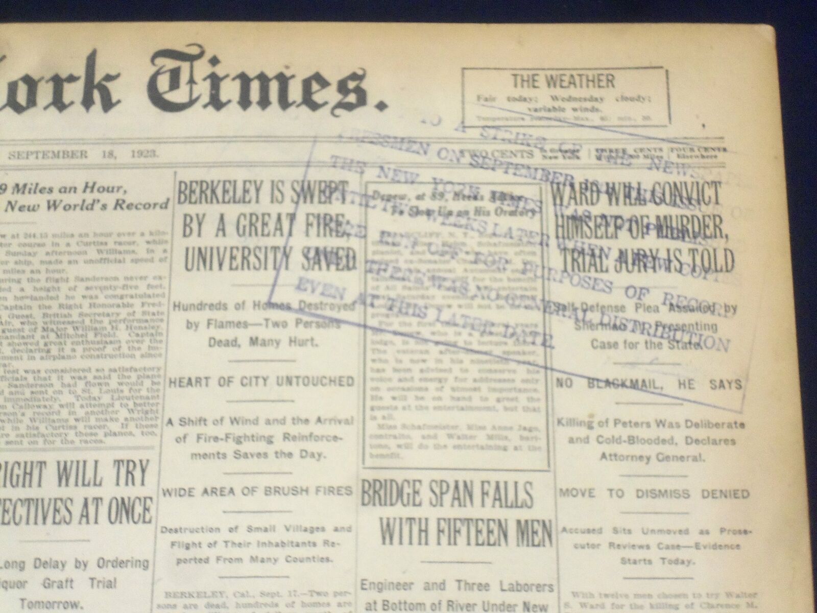1923 SEP 18 NEW YORK TIMES - NEWSPAPER PRESSMAN STRIKE STAMPED EDITION - NT 9361