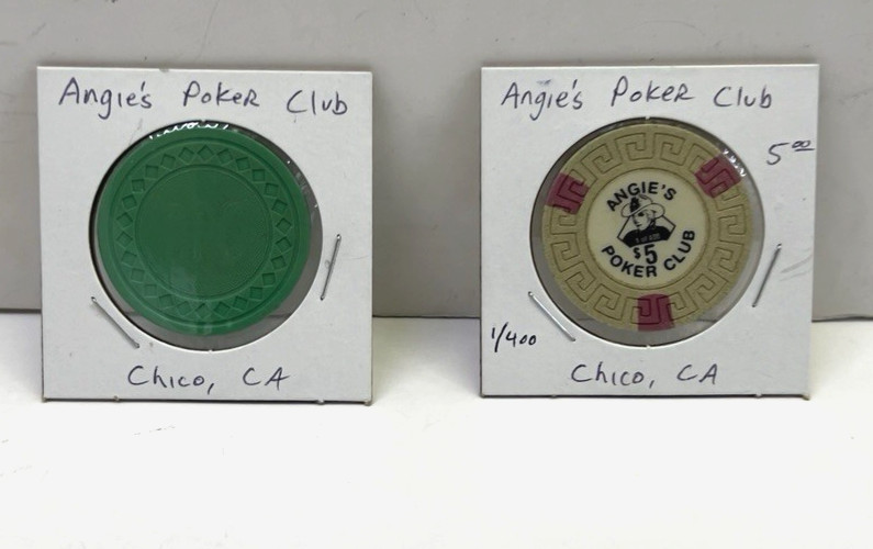 2 Vintage $1 & (5$) 1 /400 Limited Rare ANGIE'S POKER CLUB Casino , CHICO CA
