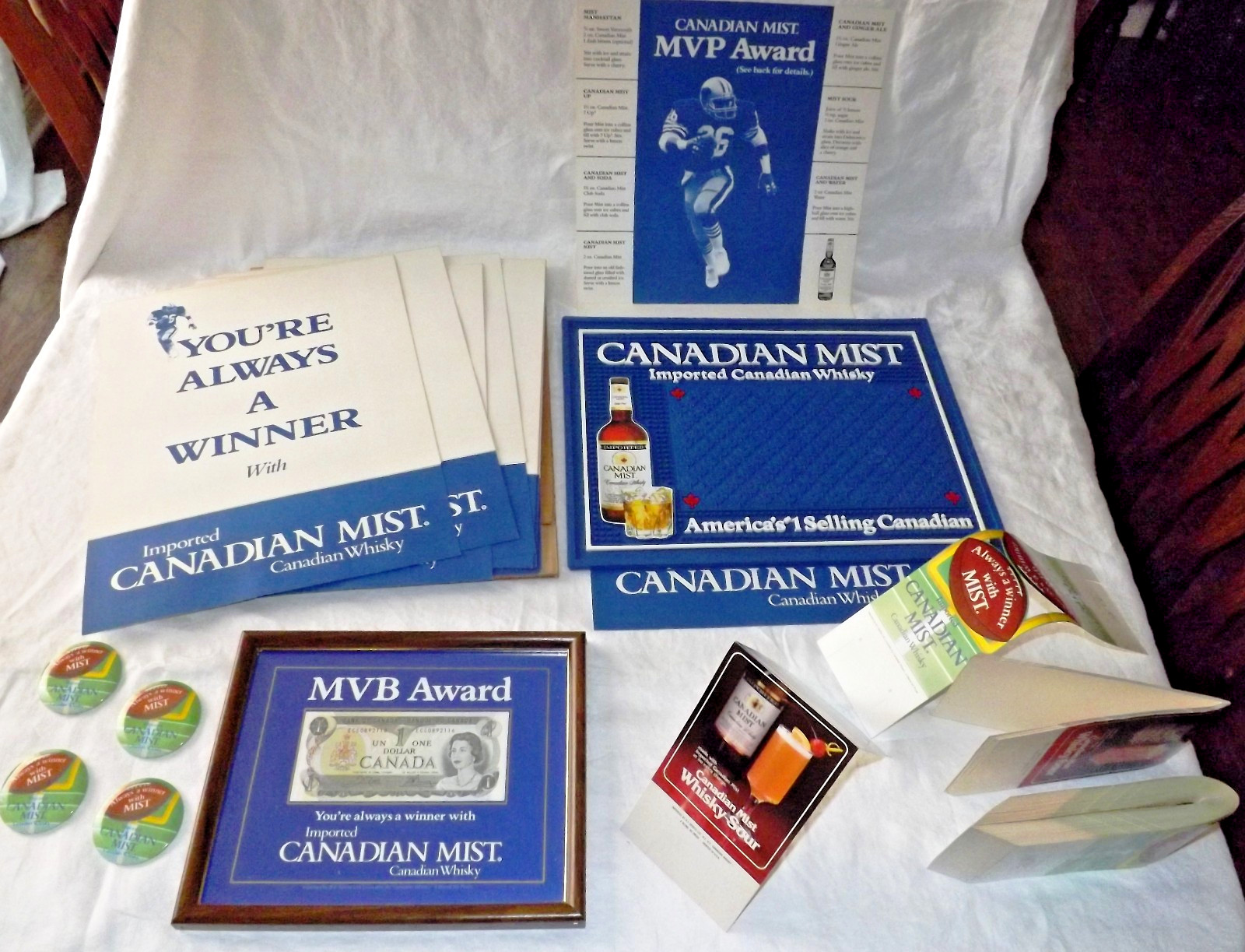 1987 CANADIAN MIST Whisky Football MVP Tavern Bar Advertising Contest Kit w/ $1