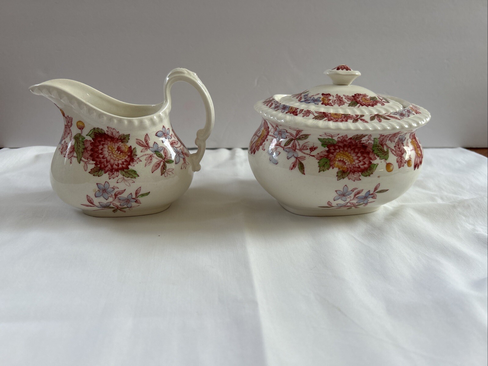 ATQ 1926 Copeland SPODE\'S ASTER RED England-Sugar Bowl & Mini Creamer MINT