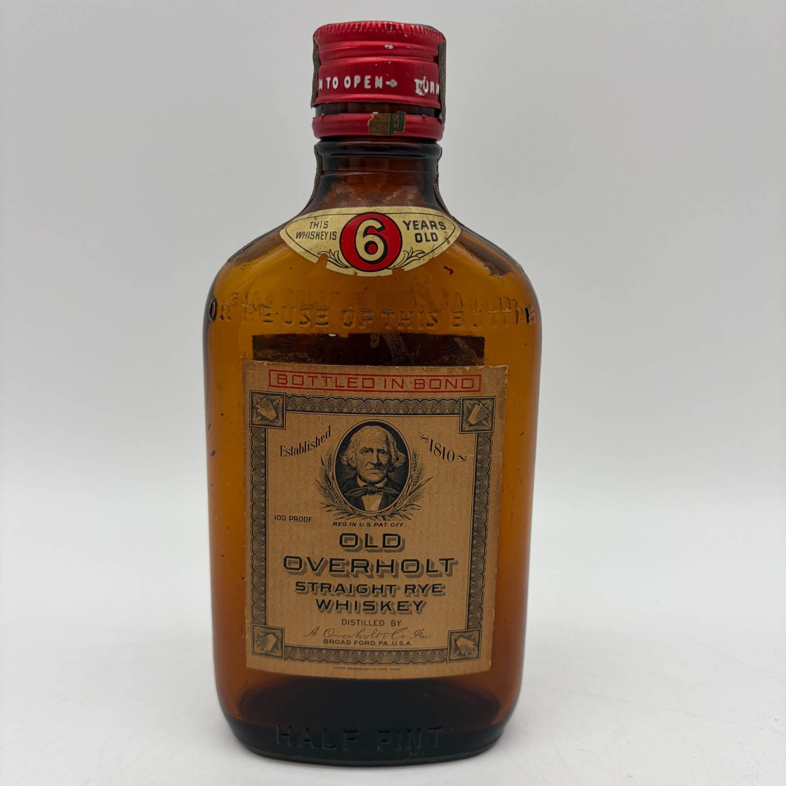 Vintage 1953 Old Overholt Straight Rye Whiskey EMPTY Bottle Half Pint Flask Bar