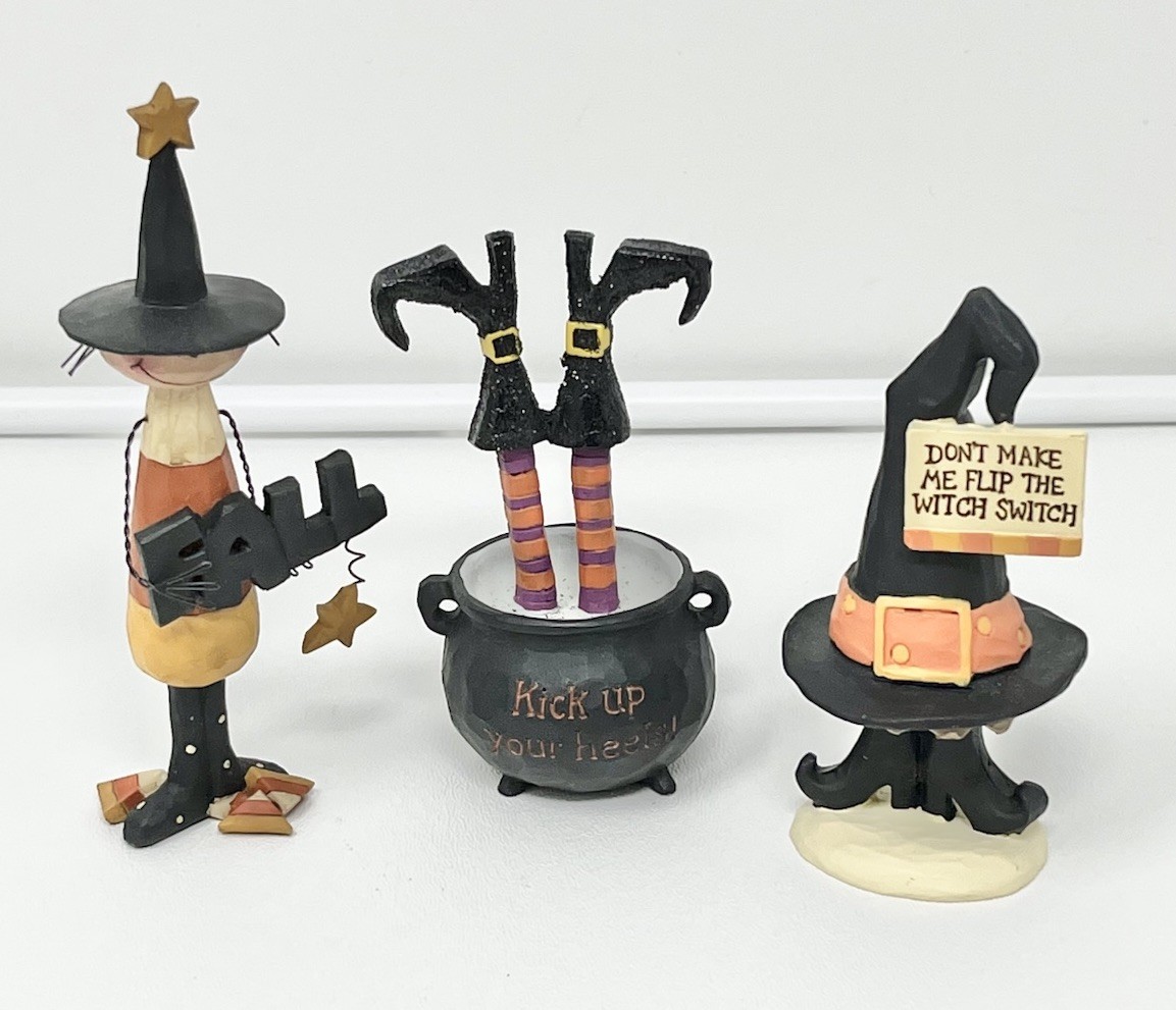 Lot 3 Blossom Bucket Halloween Fall Figurines Witch Cauldron Candy Corn Person