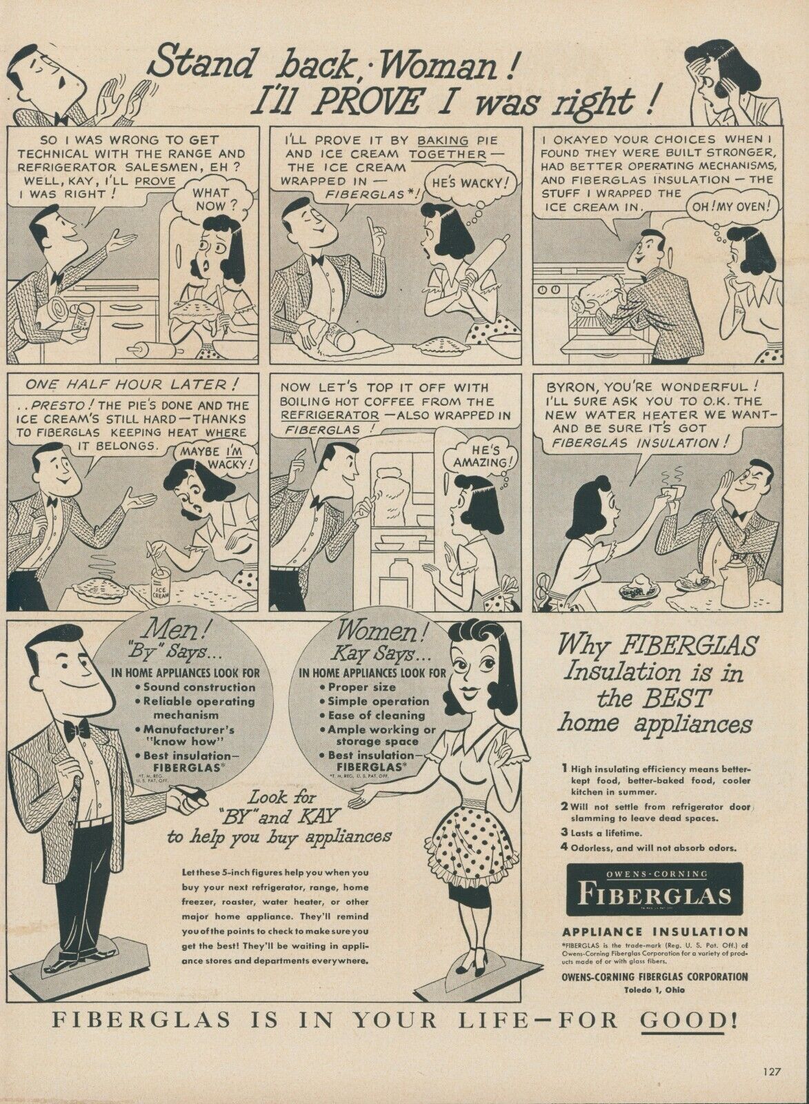 1950 Owens Corning Fiberglas Byron Kay Comic Ice Cream Oven Vintage Print Ad L7
