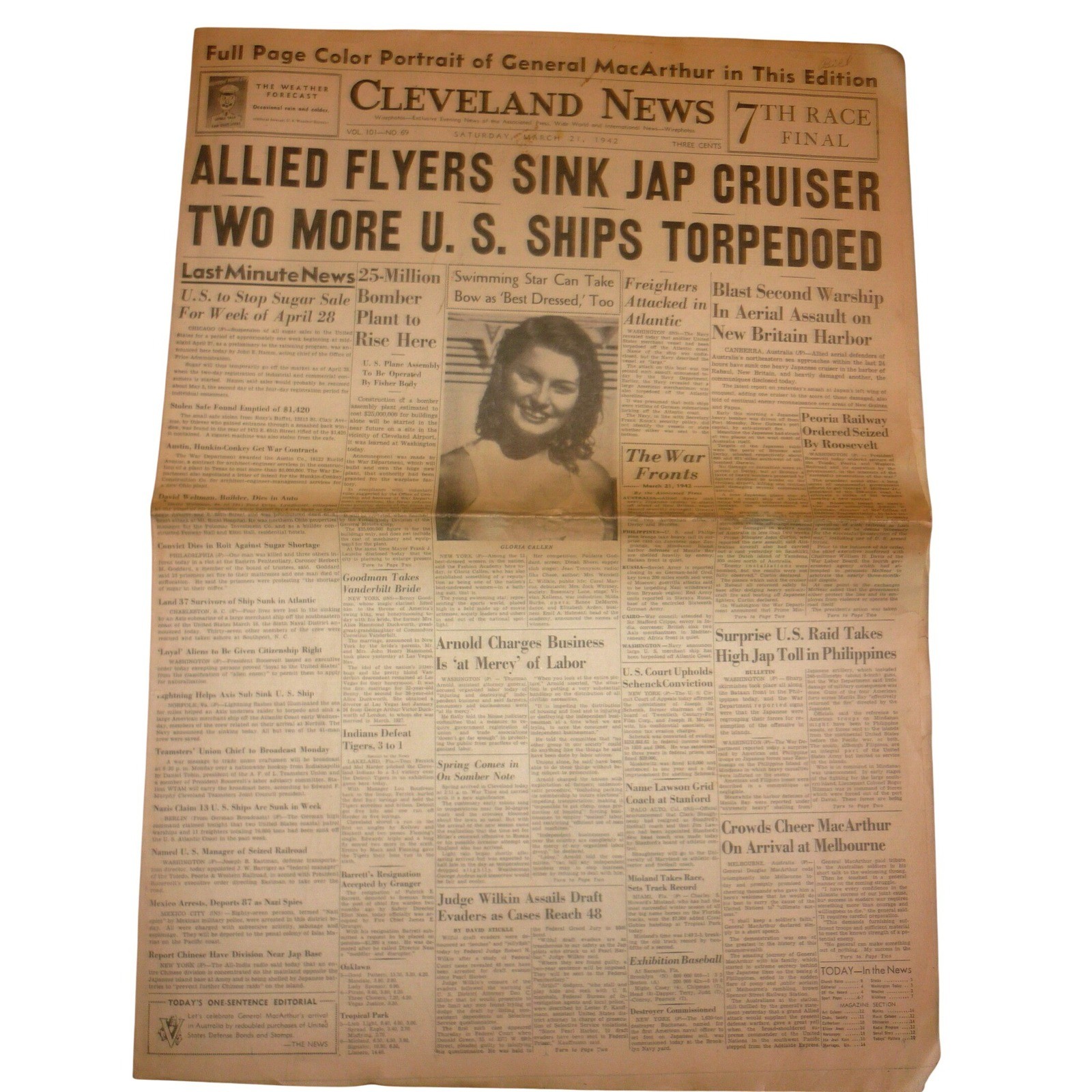 1942 Cleveland News WWII Newspaper General MacArthur Pacific War