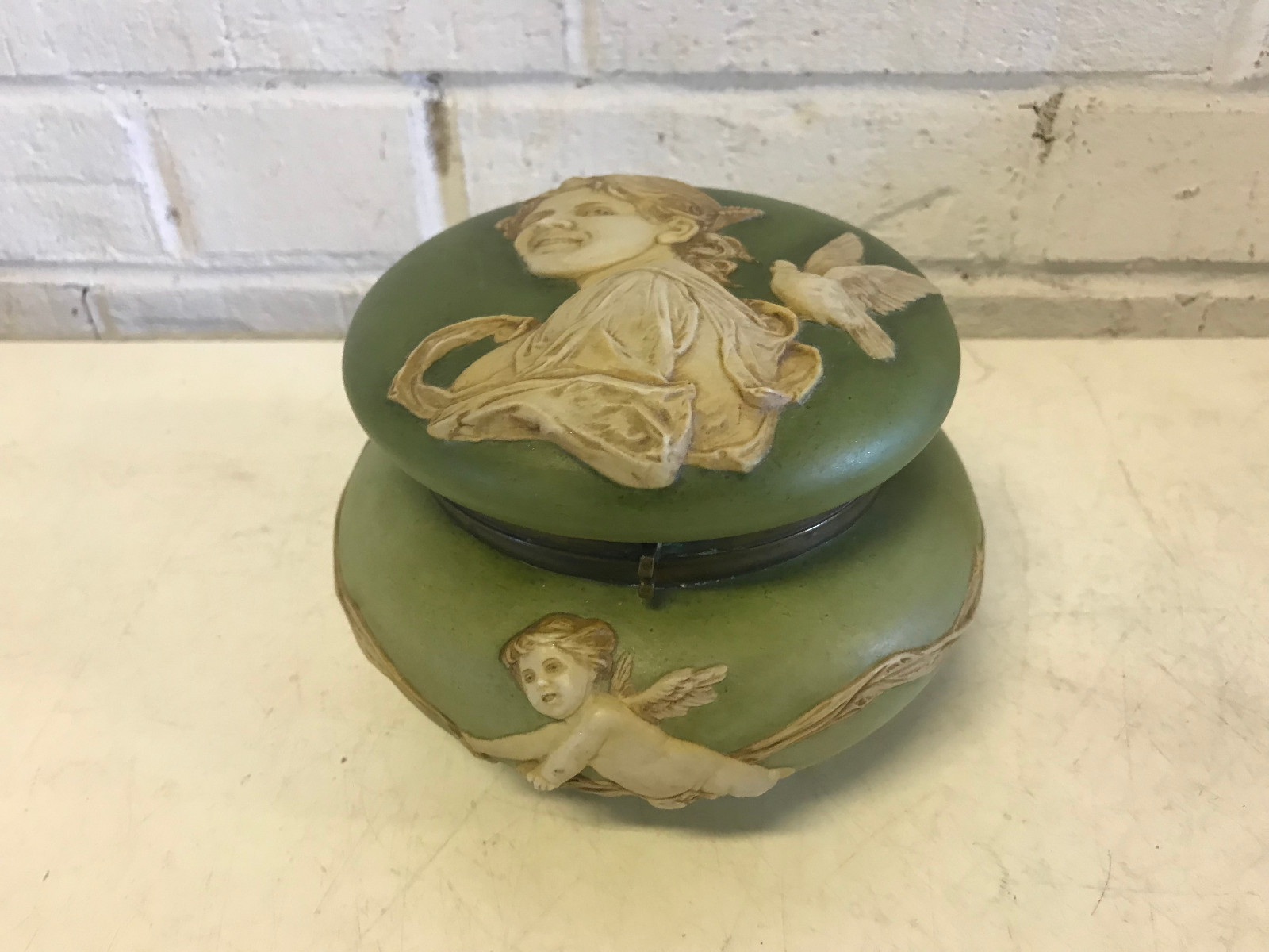 Antique Likely European Ceramic Powder Jar Vanity Box w Woman Cherubs Decoration