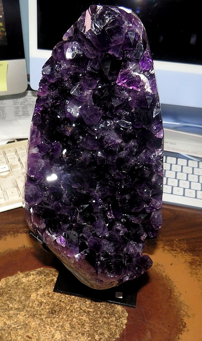 HUGE  AMETHYST CRYSTAL CLUSTER GEODE  URUGUAY CATHEDRAL POLISHED STEEL STAND JAL