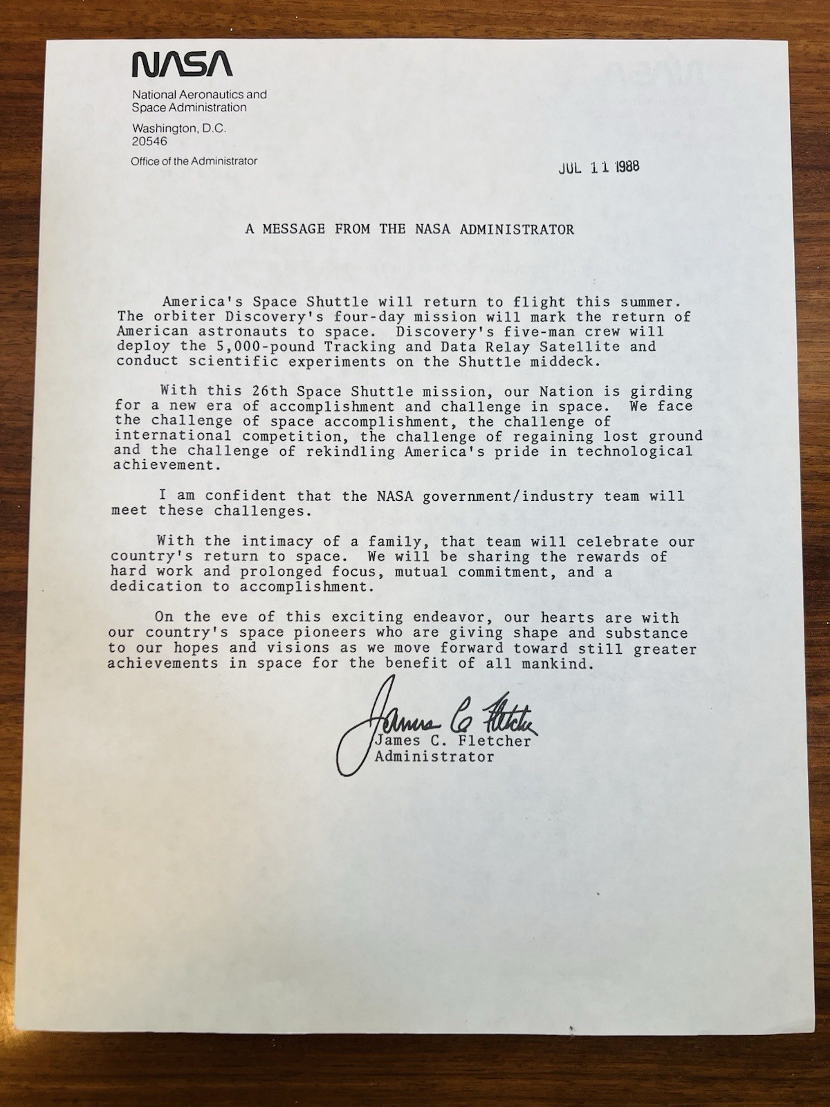 1988 NASA Double-Sided Official Letter – STS-26 Return to Flight